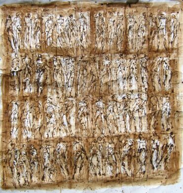 Tablette phénicienne, Marc du café sur papier marouflé sur toile, 140 × 120 cm, 2005