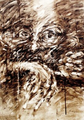 Kazem, Guerre civile, Marc du café sur papier marouflé sur toile, 60 × 40 cm, 2009
