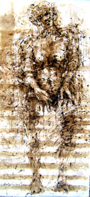 Marc de café sur papier marouflé sur toile, 146 × 75 cm