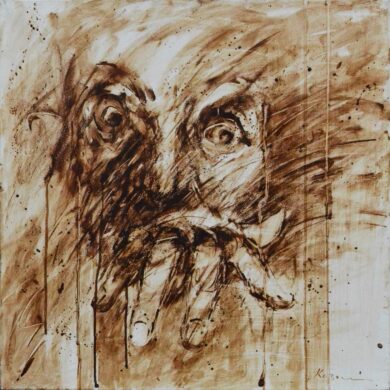 Guerre civile , Marc de café sur papier marouflé sur toile, 58 x 58 cm