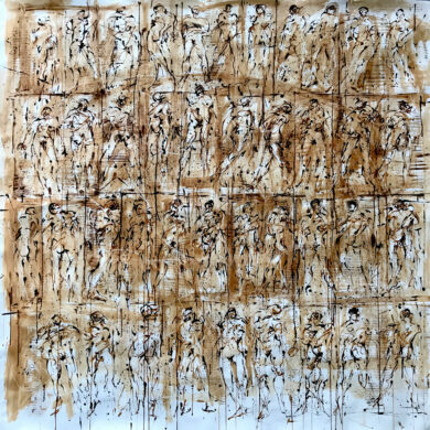Tablette phénicienne, Marc du café sur papier marouflé sur toile, 140 × 120 cm, 2005